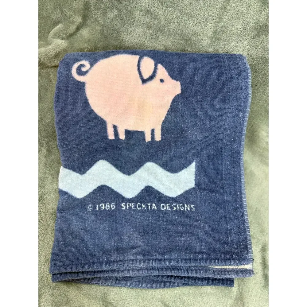 Speckta Designs 1986 Vintage Farm Animal Towel Navy 80s Novelty Geese Pigs Cows